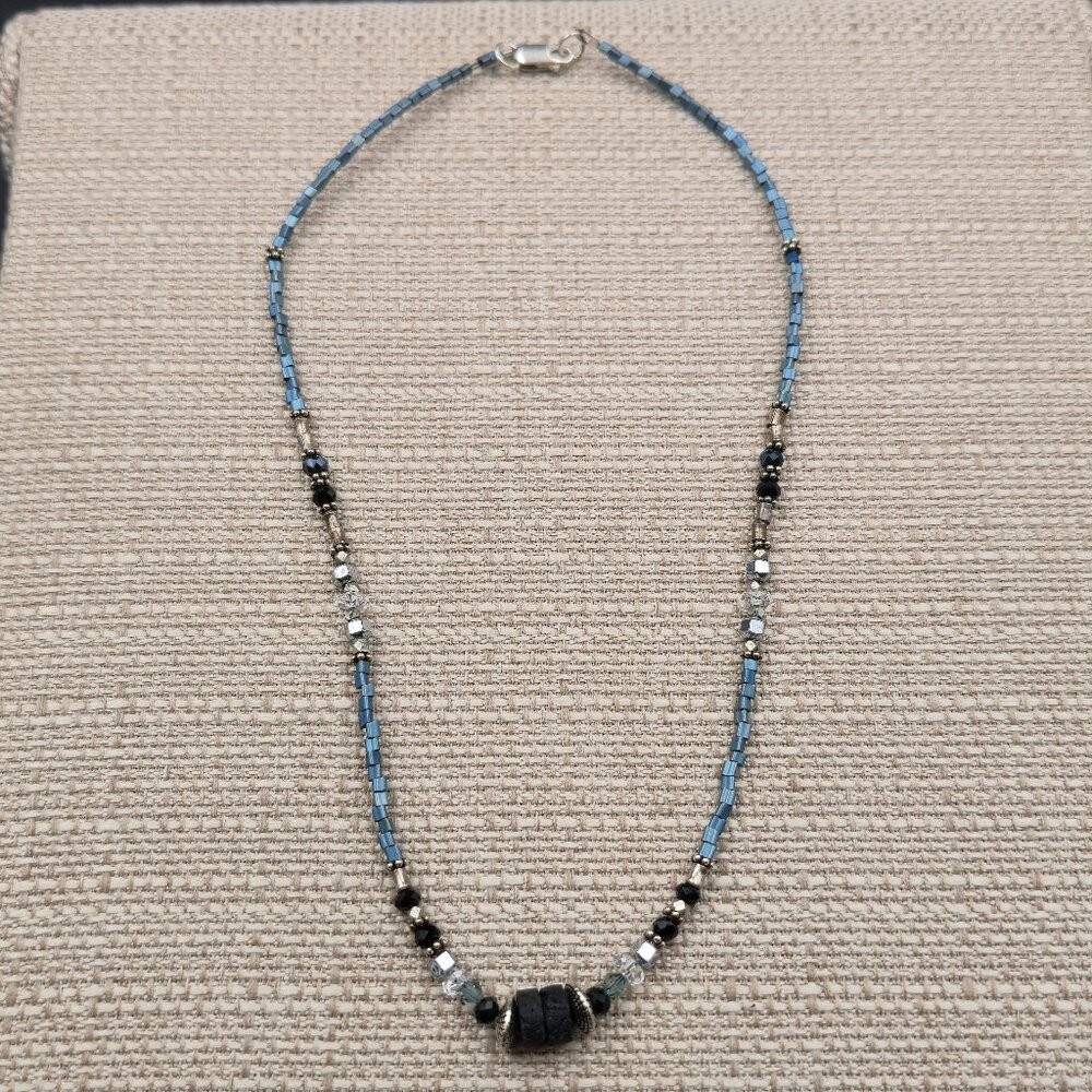 17 Inch Sterling Silver Handmade Lava Rock Beaded Necklace B931